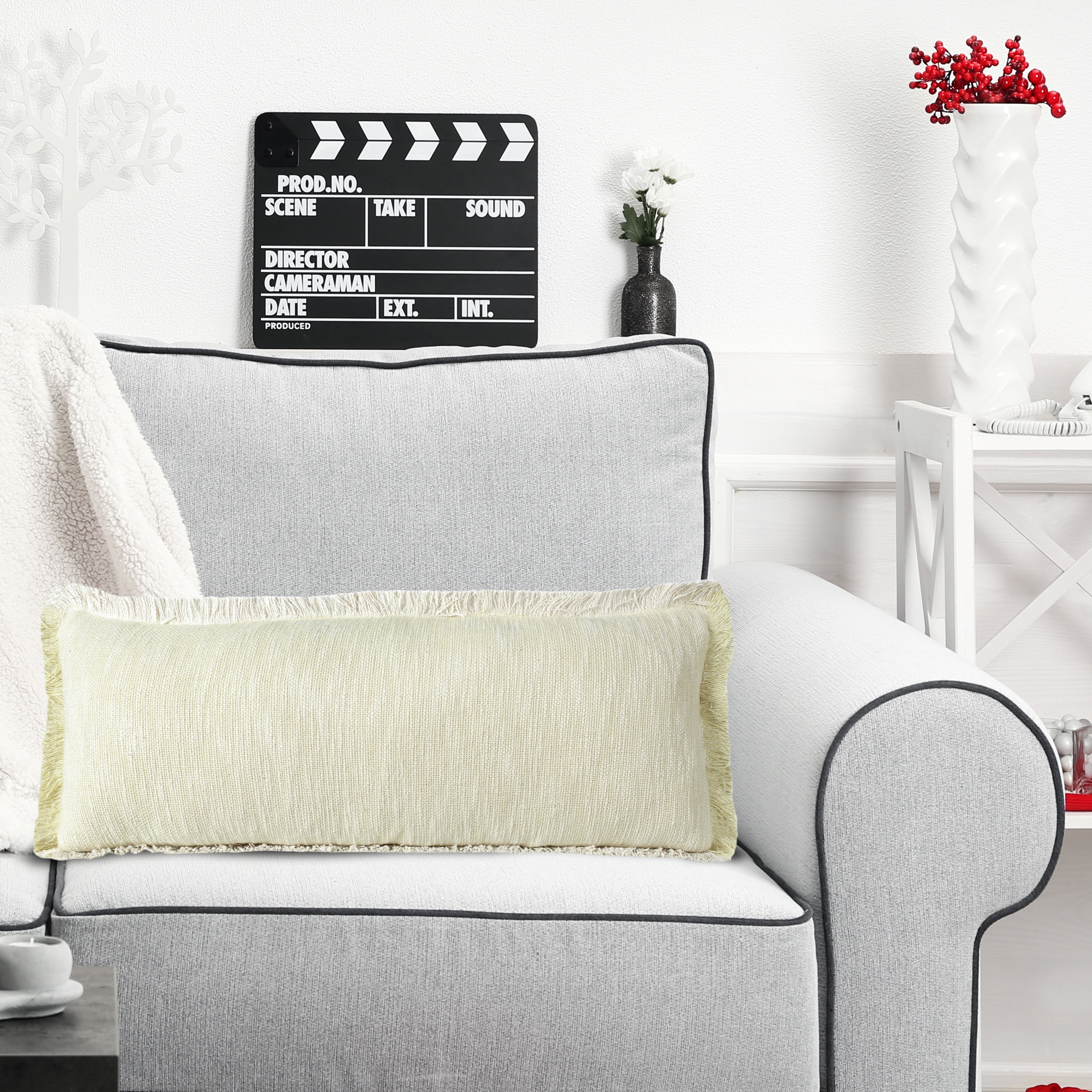 Ox Bay Bennett 14" x 36" Fringed Light Yellow Cotton Adult Decorative Throw Pillow