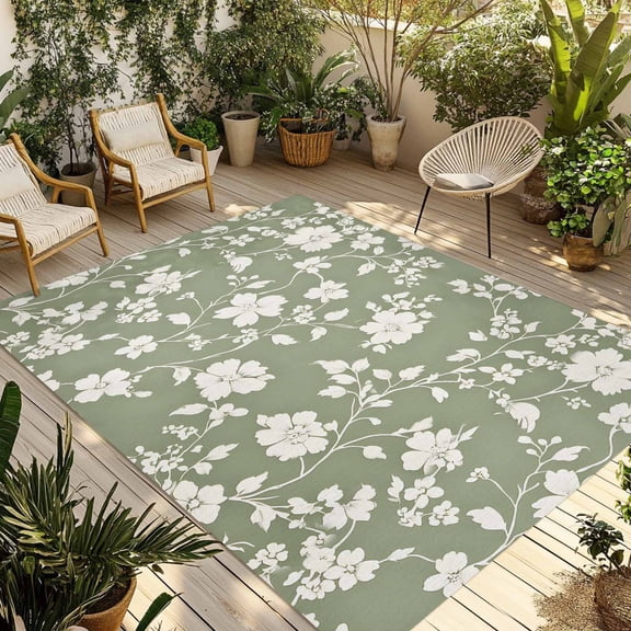 Fsddascl White Spring Floral Outdoor Rug for Patio/Deck/Porch, Non-Slip Large Area Rug 5 x 8 Ft, Summer Flowers Sage Green Pastoral Indoor Outdoor Rugs Washable Area Rugs, Camping Rug Carpet