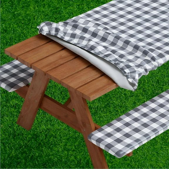 LAMIRO Picnic Table Cover with Bench Covers - Fitted with Elastic,Vinyl with Flannel Back,Fits for Table 30"x 72" Rectangle,Waterproof,Checked Green Design
