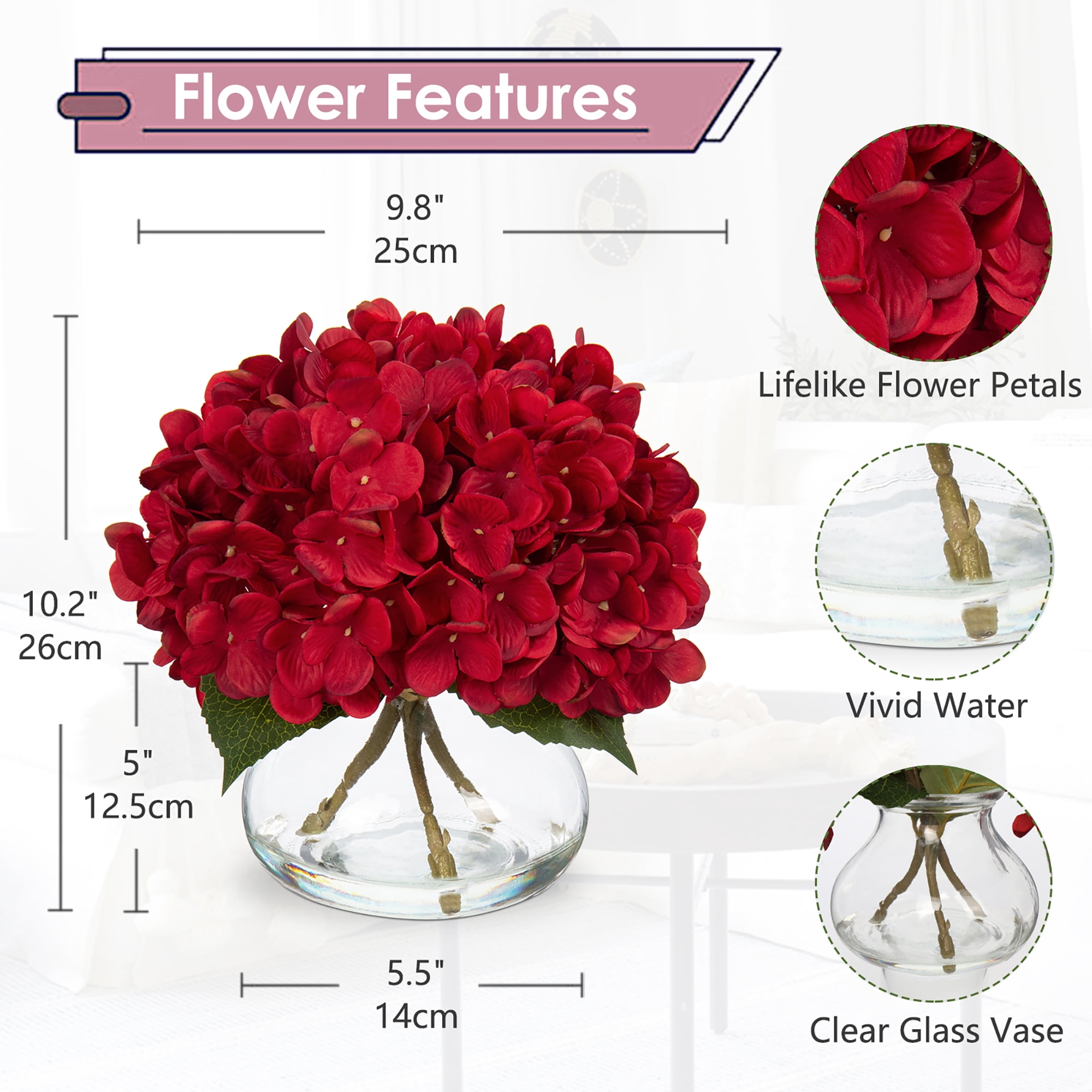 Hydrangea Artificial Flowers in Vase Red Silk Fake Flowers Arrangements with Glass Vase with Faux Water Faux Floral Bulk Bouquet for Home Office Wedding Table Centerpiece Decoration