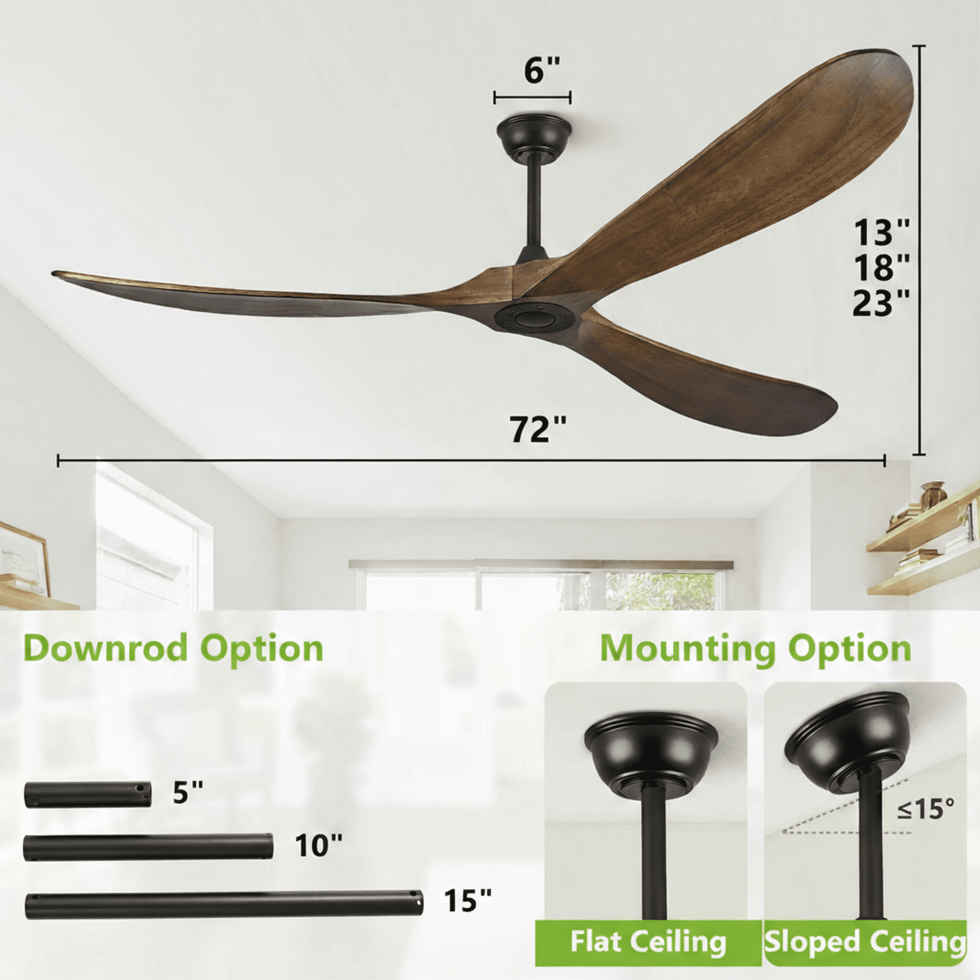 72 Inch Solid Wood Walnut Coastal Farmhouse Indoor Outdoor Patio Propeller Ceiling Fan with Remote DC Motor