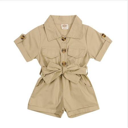 

Kid Toddler Baby Girls Summer Jumpsuit Romper Overalls Short Sleeve Button-Down Lapel Shirt Bodysuit 12M-5Y