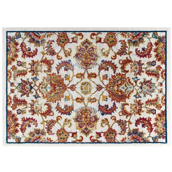 Modway Entourage Azami Distressed Vintage Floral Lattice 8x10 Area Rug in Ivory, Blue, Orange, Yellow, Red