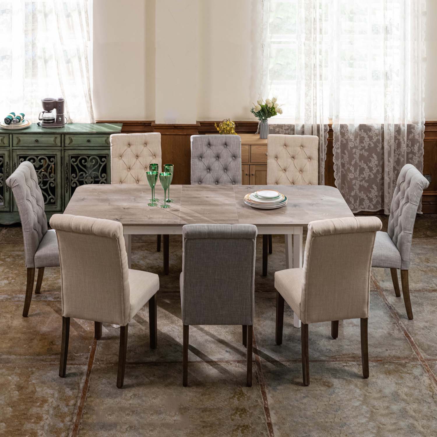 HouseInBox Farmhouse Dining Table Seats up to 8 Expandable Kitchen