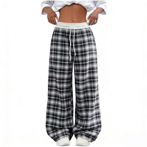 Kvture Women's Plaid Wide Leg Pants High Waisted Drawstring Casual Loose Trousers with Pockets Black Pant S