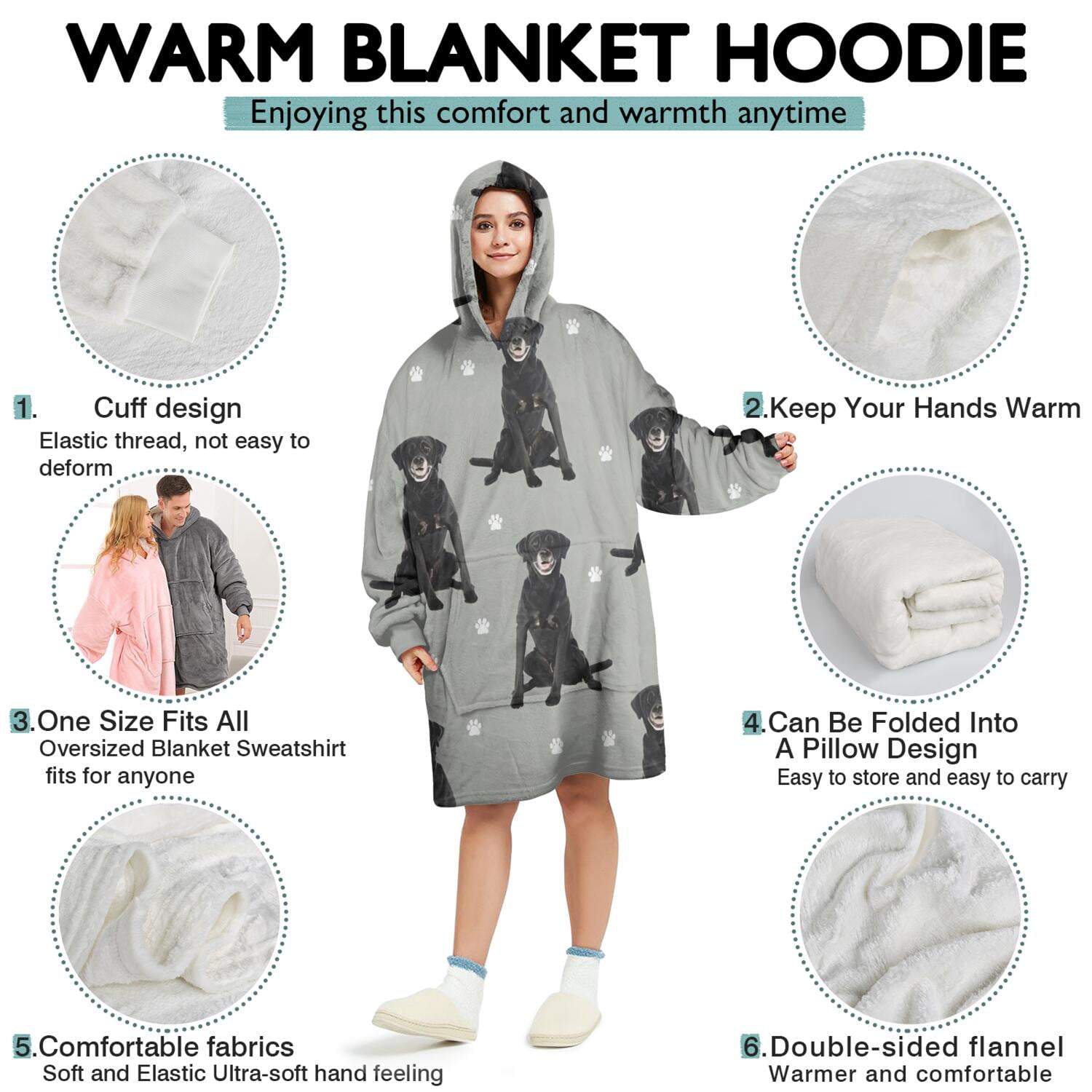 Wearable Oversized Blanket,Black Labrador Wearable Blanket Hoodie for Adults,Cozy Hooded Blankets with Super Pockets,Super Warm Fuzzy Pullover for Women & Men