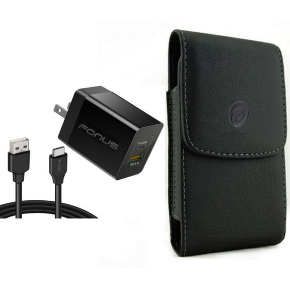 Case Belt Clip & 36W PD Home Charger for iPhone 15 Pro - Leather Holster Cover Pouch and Fast Type-C 6ft Long Cable USB-C Power Cord Y8R for iPhone 15 Pro (6.1")