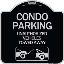 SignMission Designer Series Sign - Condo Parking - Unauthorized Vehicles Towed Away (With Car Tow Graphic) | Black & Silver 18" X 18" Heavy-Gauge Aluminum Architectural Sign | Made in