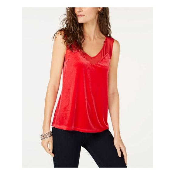 INC Womens Red Velvet Sheer Inset Sleeveless V Neck Top M