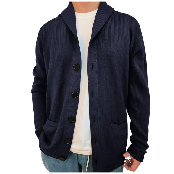 KeShDi Trench Coat Men Long Sleeve Oversize Turndown Collar Casual Solid Knitted Cardigan Sweater Coat Navy XL