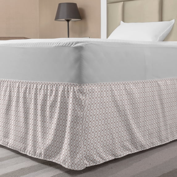 Abstract Bed Skirt, Geometrical Pattern in Ornamental Style and Periodic Design, Elastic Bedskirt Dust Ruffle Wrap Around for Bedding Decor, 4 Sizes, Pale Chocolate Dust and White, by Ambesonne
