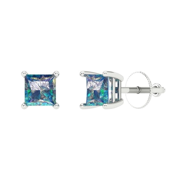 1.5 ct Screw-Back Stud Earrings for Women | 5.0mm Princess Cut Blue Moissanite | 18K White Gold