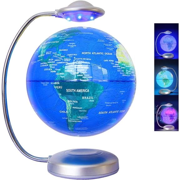 CNV UFO Style Magnetic Levitation Globe - 8" Floating World Map with Multi-Color LED Lamp, High-Tech Perpetual Rotation Desktop Ornament for Modern Interior Decoration, Silver Base
