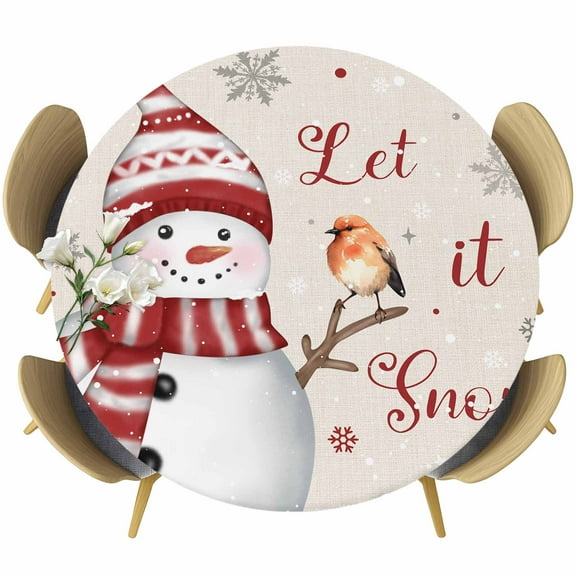Red Christmas Snowman Round Tablecloth 45-54 Inch Round Fitted Table Cloth with Elastic Edge, Xmas Snowflake Birds Waterproof Table Cover Protector for Outdoor Picnic Party Dining