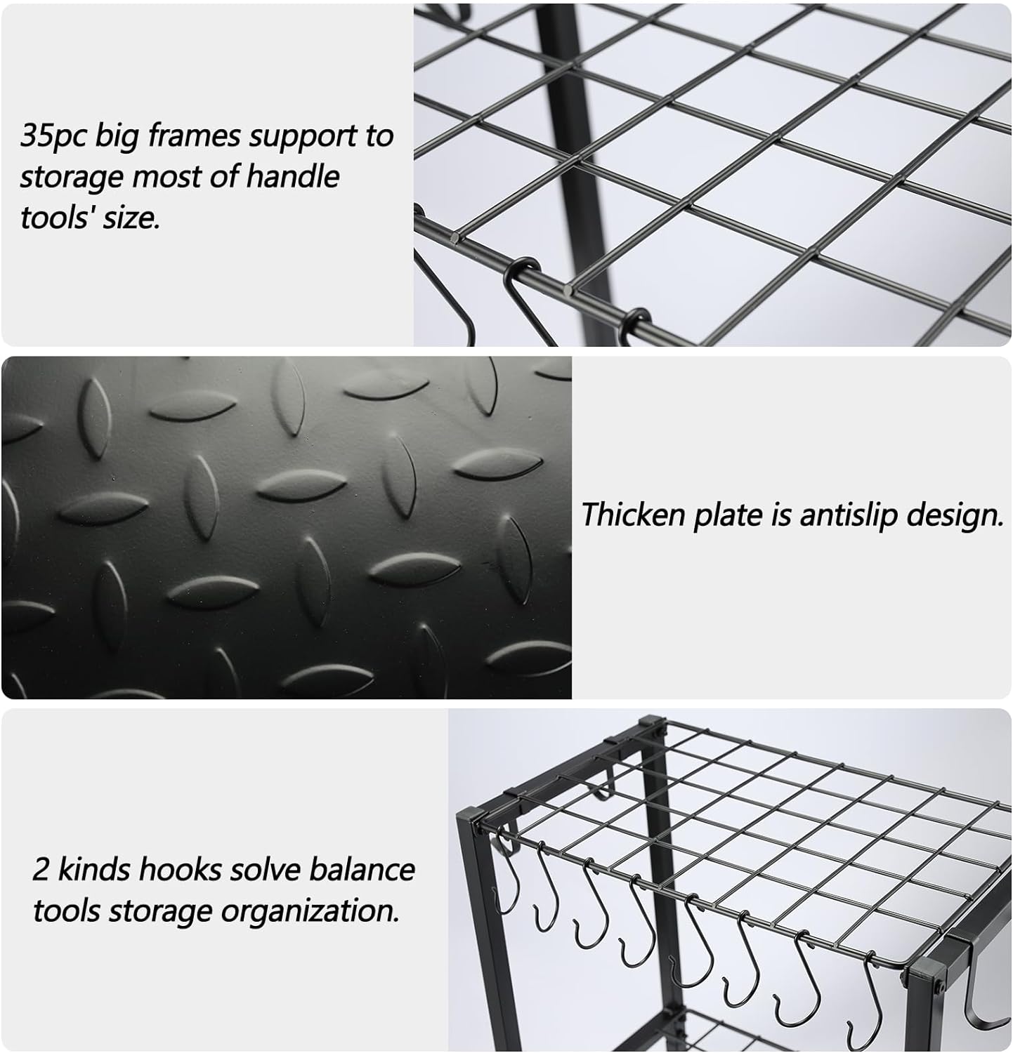 Heavy Duty Yard Tool Tower Rack, Free Standing Garage Storage for Rakes, Brooms, Shovels, Extra Hooks