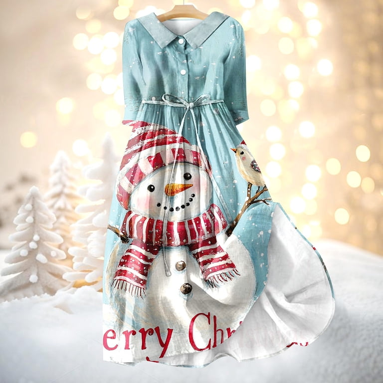 Christmas Dresses for Women Ladies Fashion Christmas Print Lapel Button-Down Seven-Quarter Cuff Strap-Up Dress with Merry Christmas for Christmas Party,Sky Blue,3XL