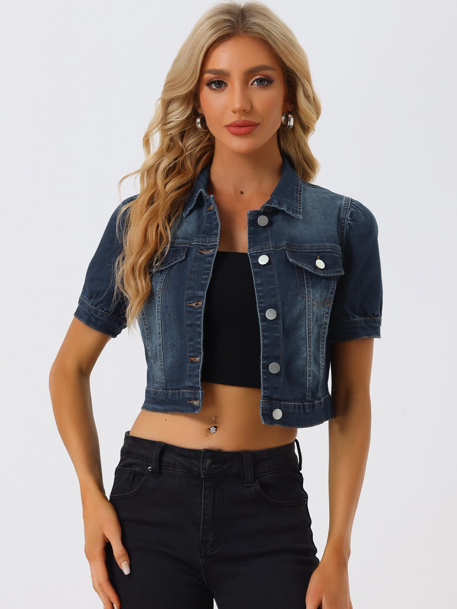 DARING DIVA Women's Cropped Jackets Puff Button Down Washed Denim Jean Jacket XL Dark Blue