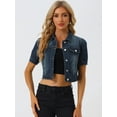thumbnail image 2 of Chaquetas de mezclilla lavada para mujer Chaqueta vaquera recortada de manga corta abullonada Azul Oscuro L, 2 of 5