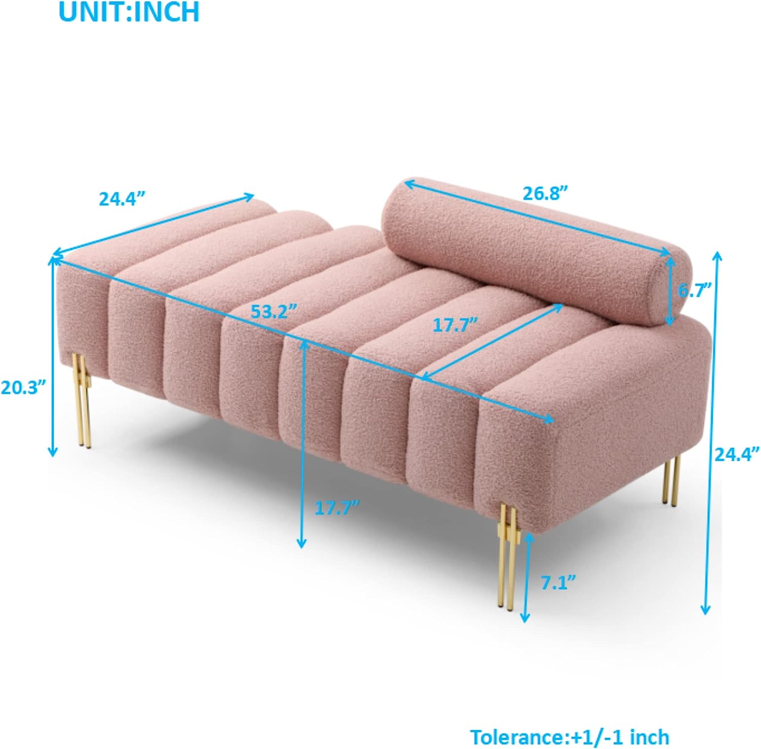 Miniyam Upholstered 53" Upholstered Bench for End of Bed with Gold Metal Legs, Pink