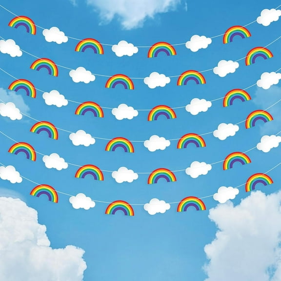 KatchOn, Hanging Rainbow Cloud Garland - 10 feet, Pack of 6, Pre-Assembled | Clouds Garland for Rainbow Party Decorations | Happy Birthday Decoration | Pride Decoration