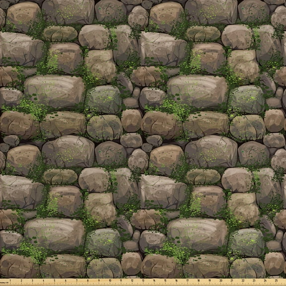 Ambesonne Nature Fabric by the Yard Upholstery, Stones Covered with Moss, 5 Yards, Dark Taupe Fern Green