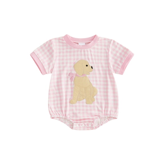 BemeyourBBs Newborn Baby Girl Summer Clothes PInk Plaid Bubble Romper One Piece Outfit Puppy Dog Embroidery Crew Neck Short Sleeve Infant Bodysuits Jumpsuits