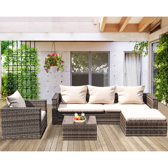 Outdoor Patio Conversation Set, 4PCS PE Rattan Wicker Sofa Set, Outdoor Sectional Furniture Chair Set with Ottoman, Cushions and Tea Table, All-Weather Bistro Set for Garden Lawn Poolside, B628