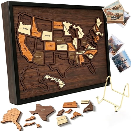 Wooden USA Travel Map Puzzle, A Stylish Way to Track Your Journey & Memories, Journey Tracker Maps Pin Board for Traveling, Removable USA Maps Puzzles for Traveling, Couple Family Art Home