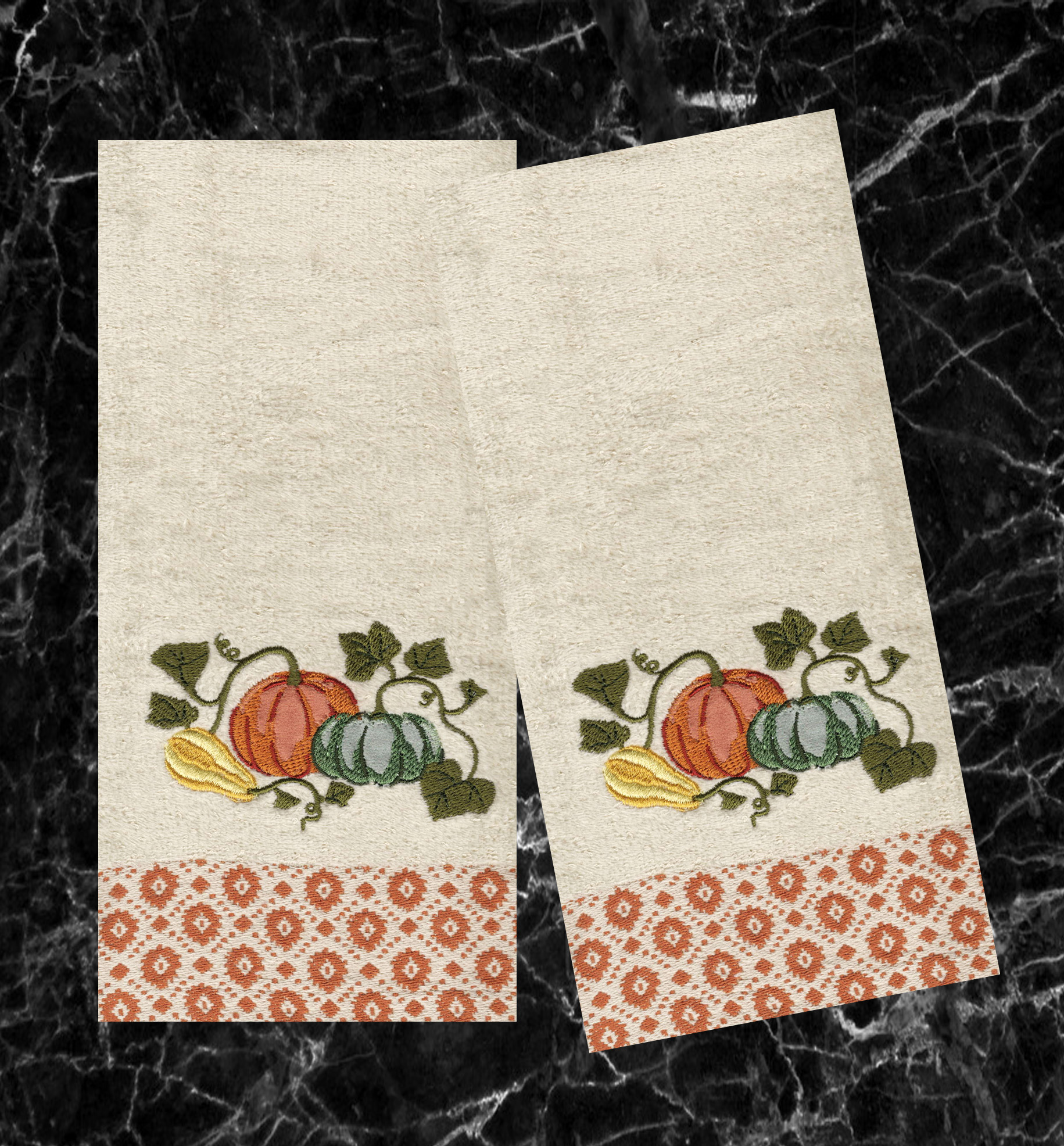 Beige Bath Hand Towels, 2 Piece, Fall Pumpkins Vines Celebrate Together