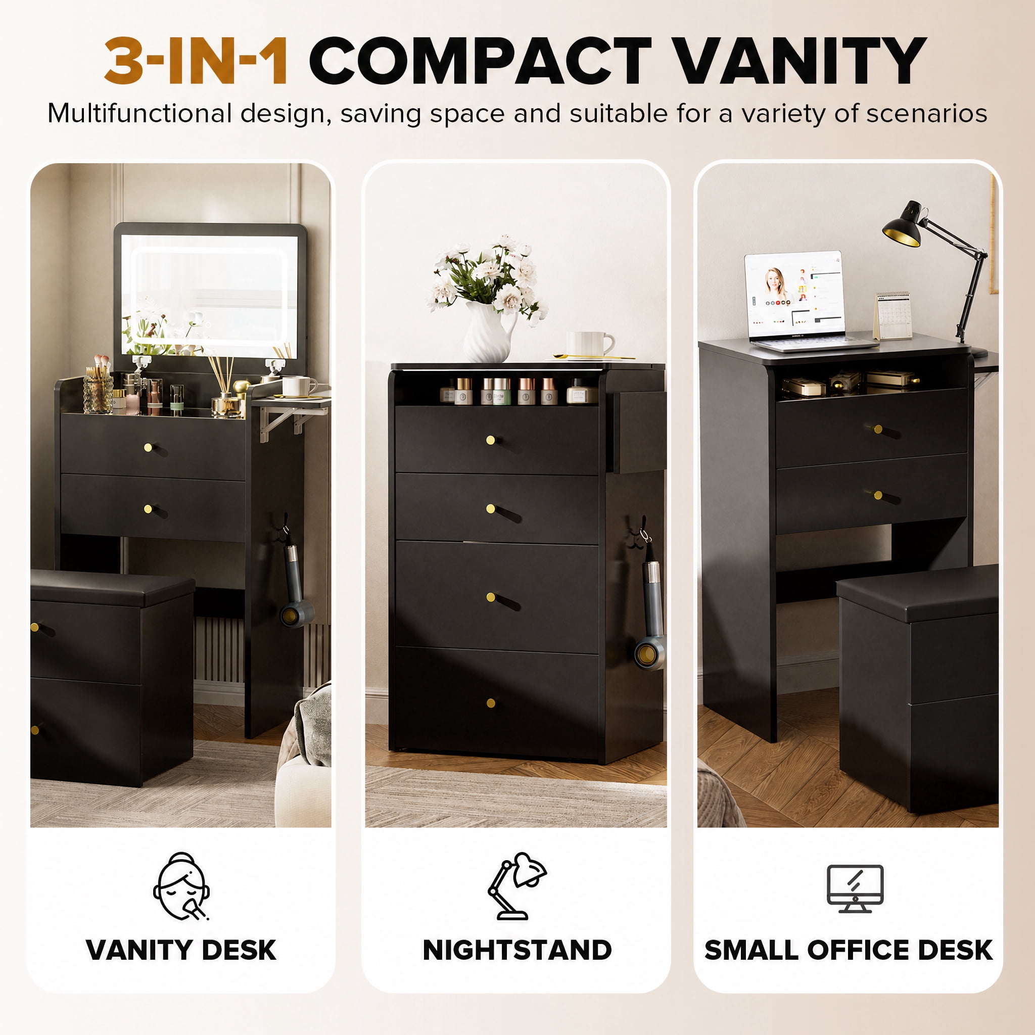 LUCKLIFE 3-in-1 Makeup Vanity Set with Lighted Flip Top Mirror & Storage Stool, Small Space Dressing Table with Foldable Side Tray, Glass Top Desk & Nightstand for Bedroom, Black