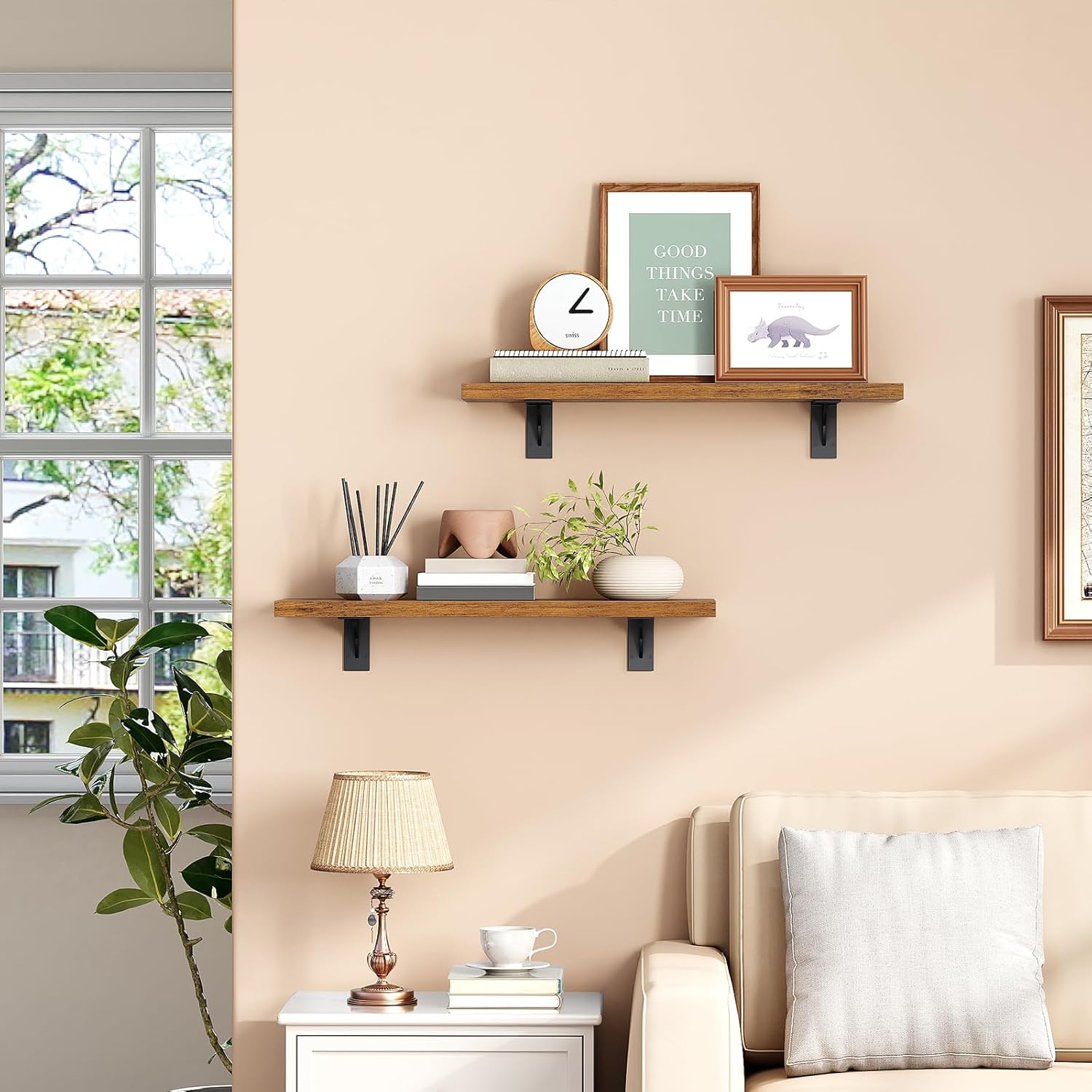 Floating Shelves for Wall, 15.4" Wall Mounted Shelves Set of 2, Hanging Storage Shelf with Metal Brackets, Wooden Shelf for Living Room, Bedroom, Bathroom, Rustic Brown and Black BF42BJP201G1
