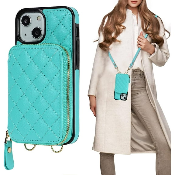 Crossbody Wallet Case for iPhone 13 Mini, RFID Blocking PU Leather Zipper Handbag Purse Flip Cover, Kickstand Folio Case with Card Slots Holder Wrist Strap Lanyard 5G 5.4 Inch (Mint Green)