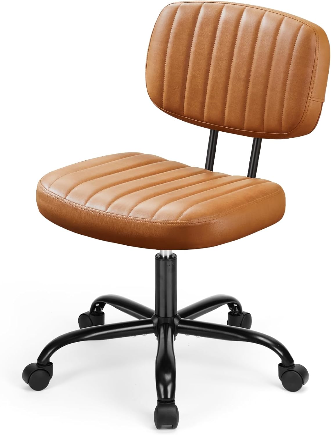 ENYLAY Small Armless Home Office Desk Chair, Ergonomic Cute Chair PU Leather with Adjustable Swivel Rolling Comfy Task Study Chair with Lumbar Support for Adult and Student, Bedroom (Brown)