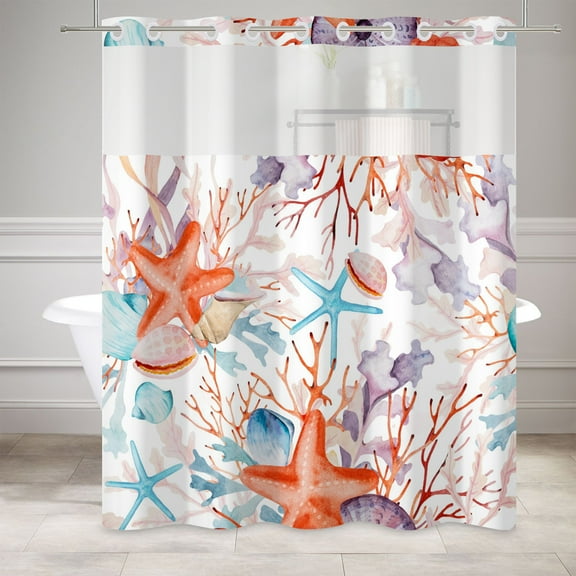 MIZHONA Starfish Coral No Hook Shower Curtain with Snap in Liner,Ocean Beach Bath Curtain,71"× 74"