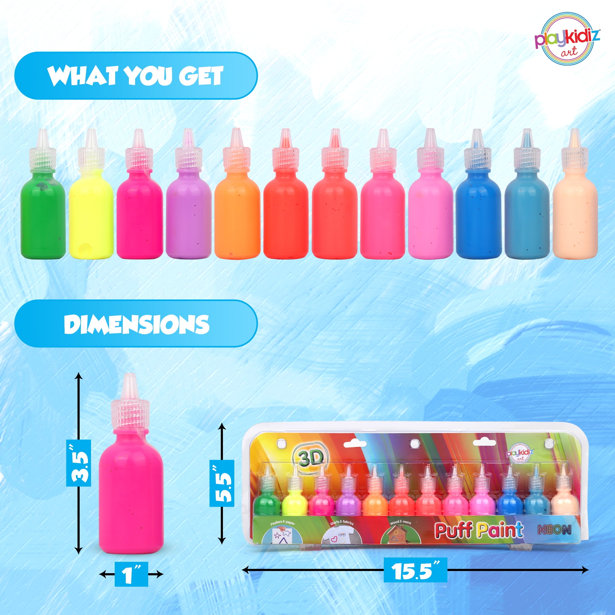 Playkidiz 3-D Art Neon Puff Paint For Kids, 12 Pack Color Pack Squeeze Paint, Non Toxic Puff Paint Set, Washable Fabric Paint, Classic Colors, Ages 3+.