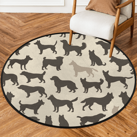 CURLYOOT Round Rug 3ft Cute Dog Silhouettes Area Rug, Washable Circle Mat Non Slip Floor Carpet Mat, Soft Indoor Rugs for Entryway Living Room Dining Room Bedroom