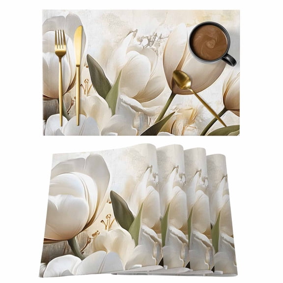 Magnolia Flowers Placemats Set of 2, White Tulip Non-Slip Place Mats Washable Table Mats for Kitchen Dining Table Decorations Indoor/Outdoor