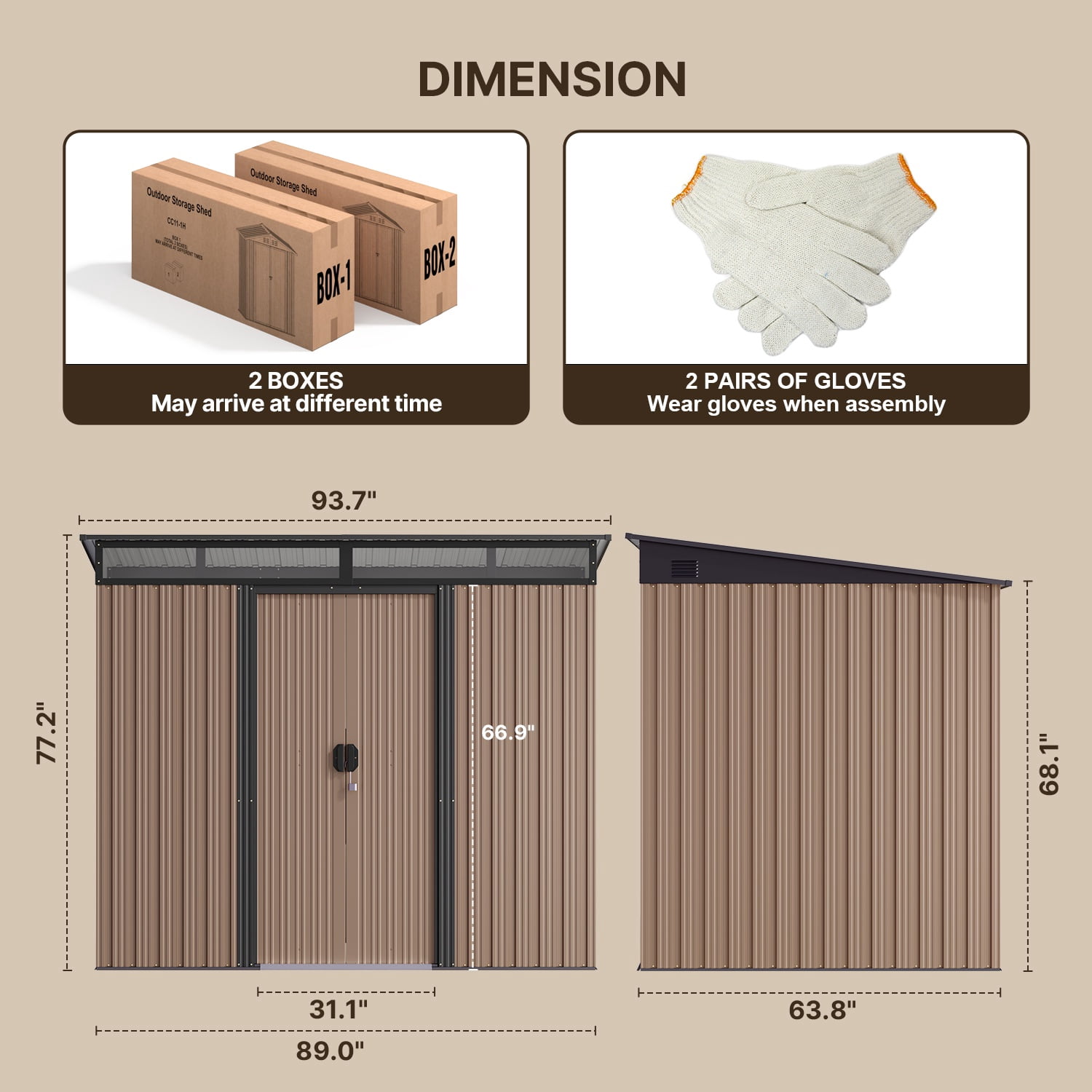 Outdoor Storage Shed, Asofer 8'x6' Metel Shed with Sliding Doors for Patio, Brown