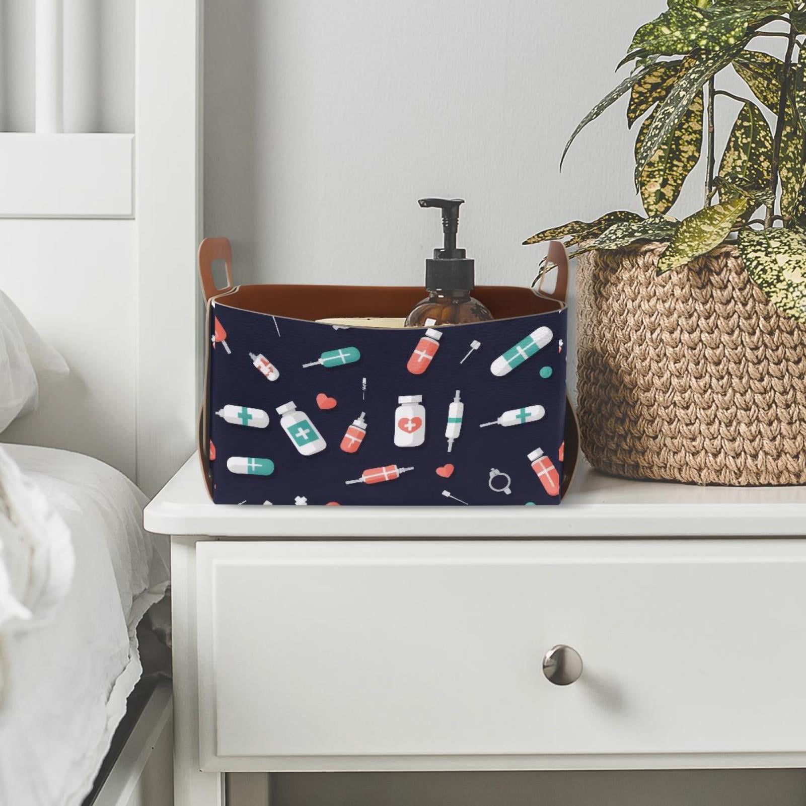 Medicine Picture Storage Basket Collapsible Storage Bin, PU Foldable Basket Convenient Box Storage Organizer with Handles for Shelves Office Bedroom Closet Nursery Toys Laundry