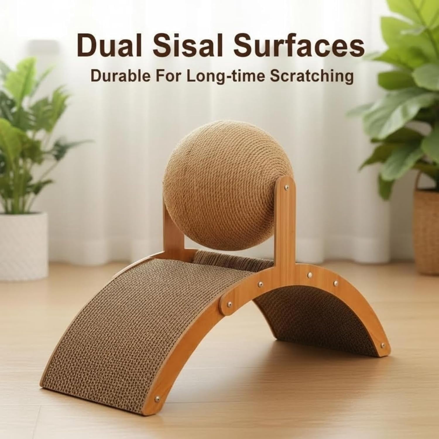 Cat Scratching Ball on Stand, Solid Wood Slanted Cat Scratching Board Design, 2-in-1 Interactive Cat Scratcher Toy with Arch Bridge and 360° Rotating Natural Sisal Ball for Indoor Cat Kittens