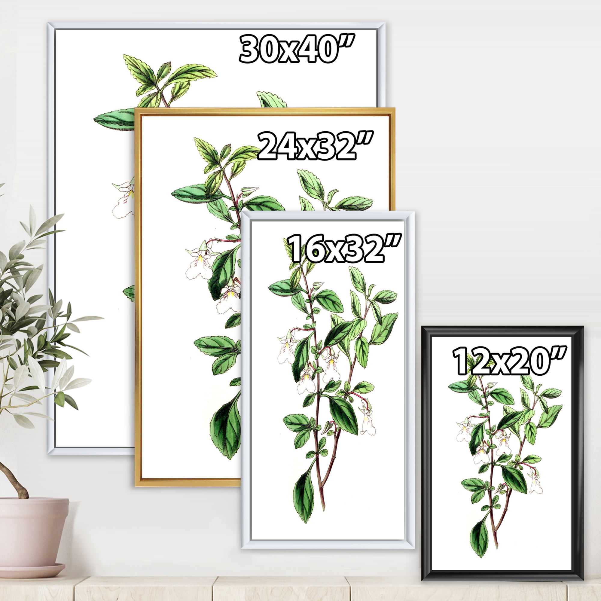 Designart 'Ancient Green Leaves Plants VII' Traditional Framed Canvas Wall Art Print