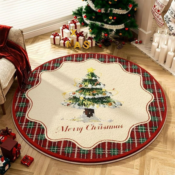 Round Christmas Area Rug, Non-Slip Absorbent Mat for Living Room and Bedroom, Festive Snowflake Pattern Washable Carpet for Holiday Decor(D)