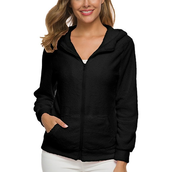 MAWCLOS Ladies Loose Fit Front Zip Fleece Fuzzy Sweatshirts Fall Solid Color Sherpa Hoodie Black XL