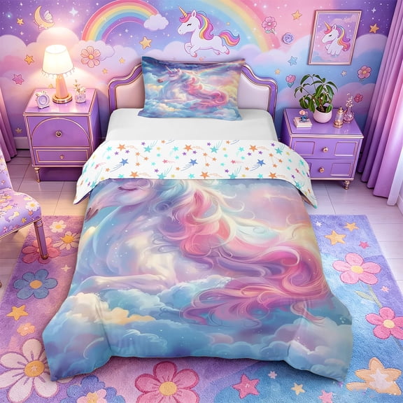 Metsweet Dreamy Princess Unicorn Twin Duvet Cover, Watercolor Rainbow Twin Bedding, Blue Pink,2pcs,1 Duvet Cover and 1 Pillowcase