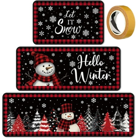 Sets of 3 Christmas Kitchen Rugs and Mats Set Winter Snowman Kitchen Rugs Non Slip Washable Red Black Xmas Door Mats for Floor Home Bathroom Cabin Christmas Winter Decor 3 Sizes
