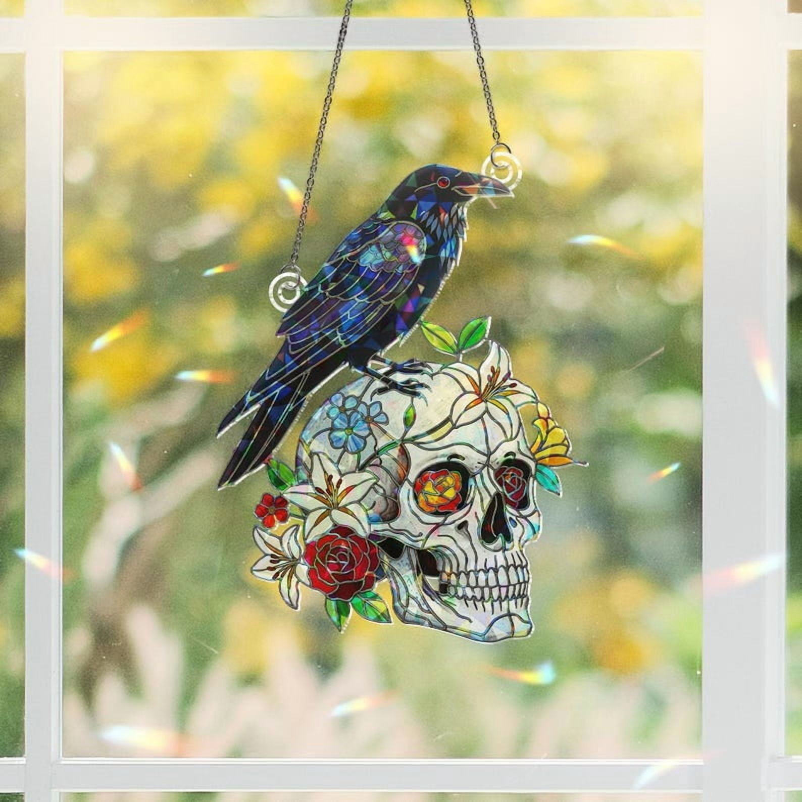 ViciArt Raven & Skull Holographic Acrylic Suncatcher – 4" Faux Stained Glass Window Hanging Decor