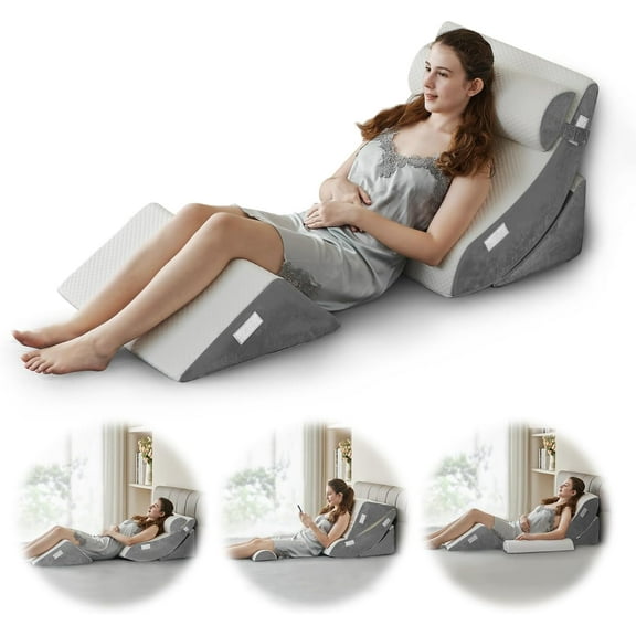 4pcs Orthopedic Bed Wedge Pillow Set Post Surgery Relaxing Back Adjustable Head Support Cushion Triangle Memory Foam Pillow for Acid Reflux Sleeping Reading Leg Elevation Snoring