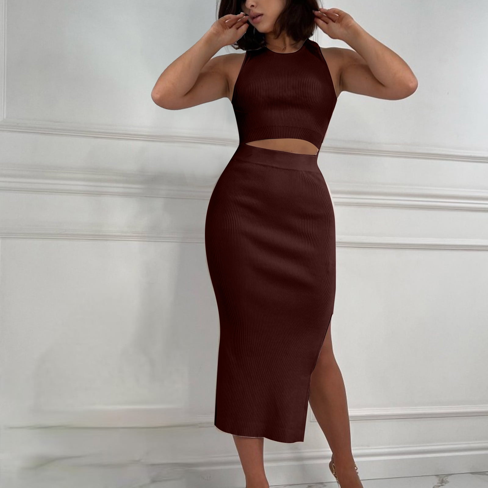 open lace back dress Taupe First Class Ribbed Maxi Dress