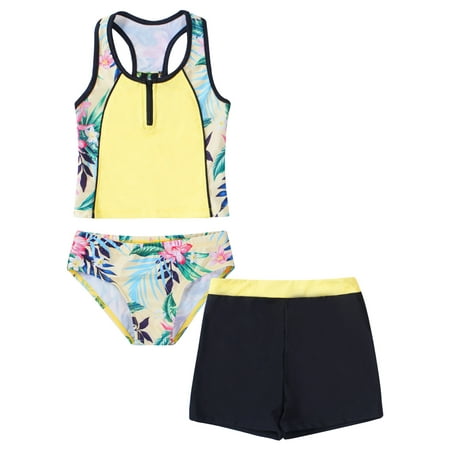 renvena Kids Girls 3 Piece Tankini Swimsuit Floral Print Top with Boyshorts Bottoms Bathing Suit Swimwear