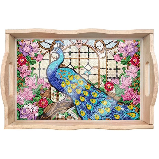 Diamond Art Painted Rectangular Dot Drilled Wooden Tray, Handmade Wooden DIY Tray Diamond Wooden Tray Dinner Plate for Restaurant Snack Tray Tea Tray Coffee-#18-Hummingbird